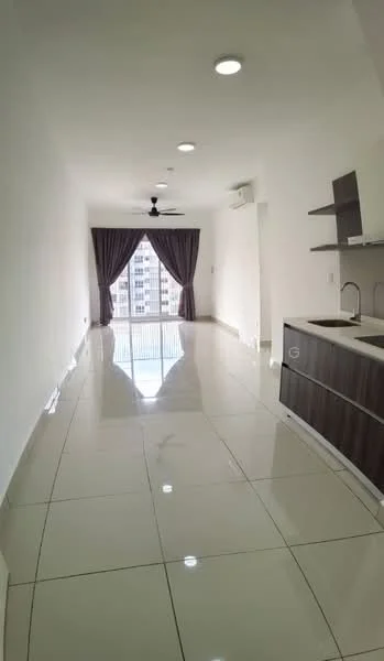 Living features: white painted walls, glossy ceramic tile flooring, 5-blade ceiling fan with light, floor-to-ceiling windows, grey curtains, kitchenette with dark wood cabinetry, stainless-steel sink, countertop with space for appliances, open layout, natural light from windows; style: modern; view: city.