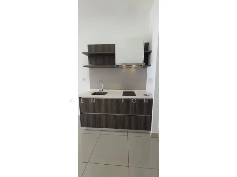Kitchen features: single-bowl stainless-steel sink, chrome pull-down faucet, built-in stove, stainless-steel range hood, dark wood cabinetry, open shelving, white countertop, ceramic tile flooring, neutral wall colour, recessed lighting; style: modern.