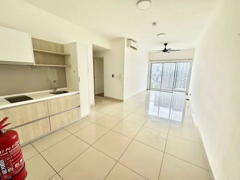 Kitchen features: white cabinetry, stainless-steel sink, chrome pull-down faucet, countertop with light wood finish, built-in oven, 2-burner electric hob; style: modern; view: city. Living features: large floor-to-ceiling windows, sliding glass door, white painted walls, glossy tile flooring, 5-blade ceiling fan, air conditioning unit; style: modern; view: city.
