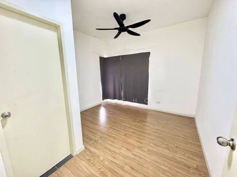 Room features: light wood laminate flooring, white painted walls, ceiling fan, blackout curtains, single door, door handle, window, natural light; style: minimalist.