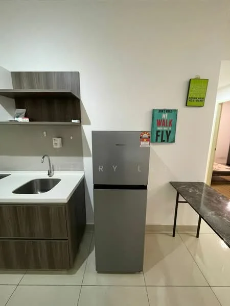 Kitchen features: stainless-steel fridge, single-bowl stainless-steel sink, chrome pull-down faucet, laminate countertop, wood cabinetry in brown, open shelving, tile flooring, wall-mounted electrical outlet; style: modern.