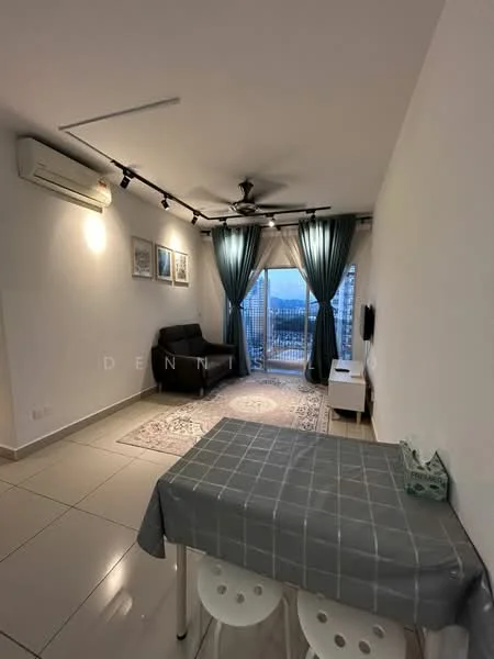 Living features: floor-to-ceiling windows, sliding glass door, 3-blade ceiling fan, recessed LED downlights, grey area rug, black fabric sofa, white TV console, wall-mounted TV, decorative wall art, white painted walls, ceramic tile flooring, curtains in teal, coffee table, dining table with grey tablecloth, 3 white stools; style: modern; view: city.