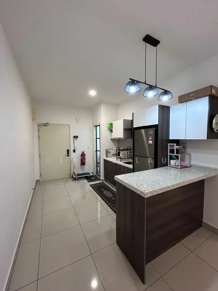 Kitchen features: granite countertop, stainless-steel fridge, built-in oven, 4-burner gas hob, kitchen island with seating, white cabinetry, tile flooring, recessed downlights, pendant lighting, fire extinguisher, window, door, black rug; style: modern.