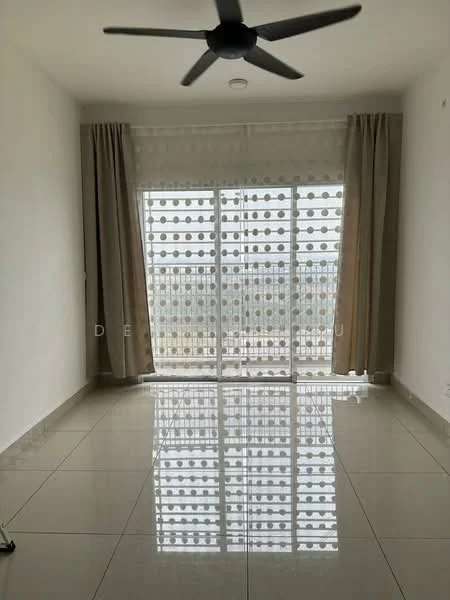 Living features: white painted walls, polished ceramic tile flooring, 5-blade ceiling fan, floor-to-ceiling windows, sheer curtains, balcony door, natural light, reflected light on floor; style: modern; view: city.