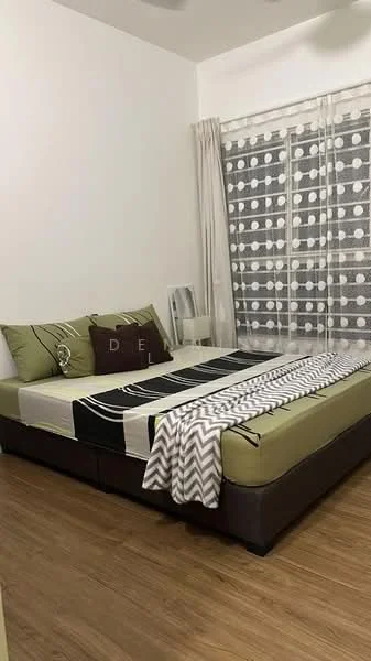 Bedroom features: queen-size bed with patterned bedding, upholstered headboard, decorative throw pillows, chevron-patterned throw blanket, wooden flooring, floor-to-ceiling windows with sheer curtains, curtains with geometric pattern, wall-mounted fan, decorative wall art, nightstand with lamp; style: modern.