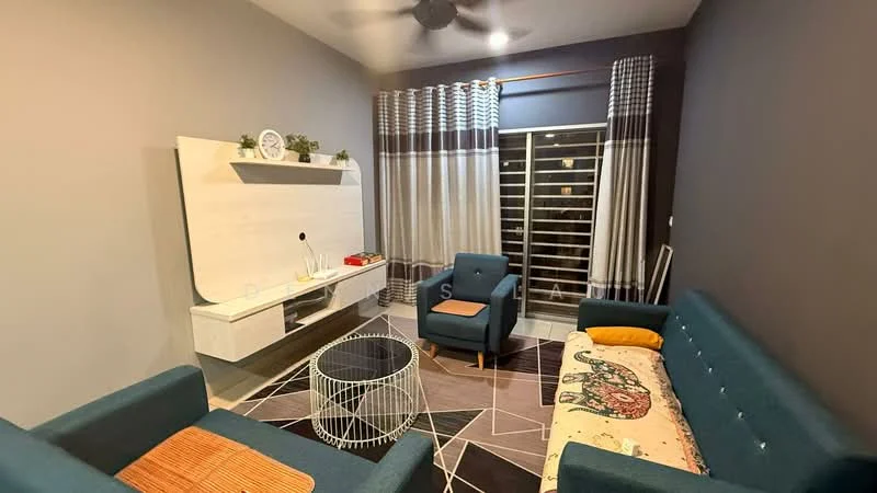 Living features: two teal fabric sofas, wooden coffee table, white wall-mounted TV console, geometric area rug, black ceiling fan, floor-to-ceiling windows with sheer curtains, decorative wall art, accent pillows on sofas, sliding glass door, wall-mounted shelf with decor items; style: modern.