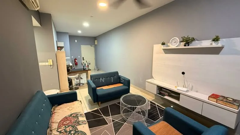 Living features: grey painted walls, tile flooring, 5-blade ceiling fan, sofa with patterned upholstery, 2-seater fabric sofa in teal, coffee table with wire design, TV console with wall-mounted TV, decorative wall shelf, area rug with geometric pattern, wall-mounted decor, open layout to kitchen, recessed lighting; style: modern.