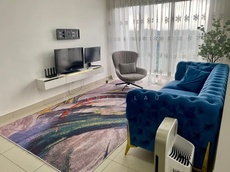 Living features: blue velvet sofa, 3-seater sofa, grey armchair, white wall-mounted TV console, flat-screen TV, decorative area rug with abstract pattern, large windows with sheer curtains, indoor plant, white tiled flooring, air conditioning unit; style: modern; view: city.