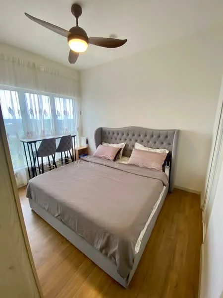 Bedroom features: king-size bed with upholstered headboard, bedding in neutral tones, 2 bedside pillows, wooden flooring, 5-blade ceiling fan with light, floor-to-ceiling windows, sheer curtains, small dining table with 2 chairs, decorative wall, natural light from windows; style: modern; view: garden.