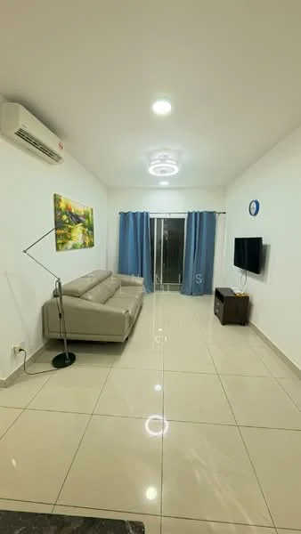 Living features: light grey fabric sofa, floor-to-ceiling windows, sliding glass door, blue curtains, wall-mounted TV, wooden TV console, decorative wall clock, recessed ceiling lights, air conditioning unit, polished tile flooring, framed artwork; style: modern.