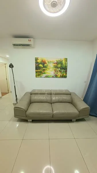 Living features: 3-seater leather sofa in light grey, marble tile flooring, white painted walls, recessed ceiling lights, wall-mounted split AC, decorative painting on wall, floor lamp, curtains in blue; style: modern.