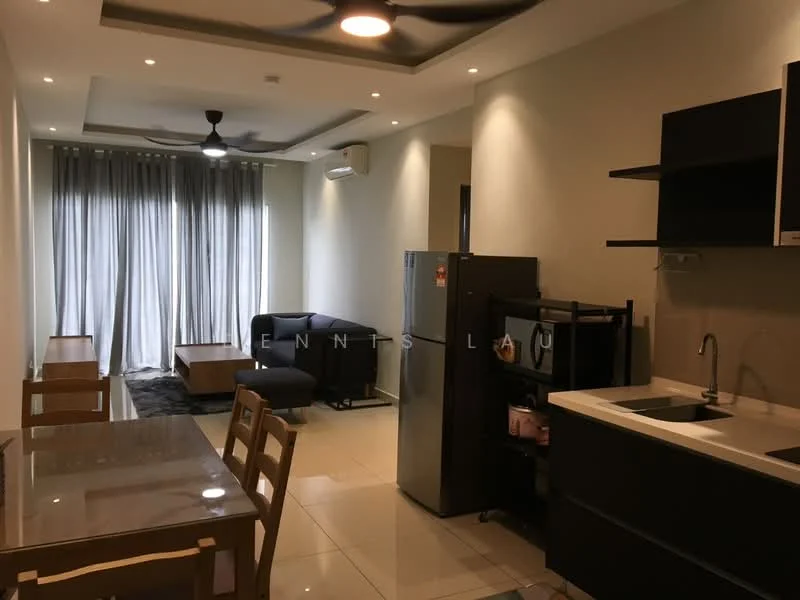 Living features: 3-seater fabric sofa in dark grey, coffee table, area rug with geometric pattern, floor-to-ceiling windows with sheer curtains, ceiling fan with light, wall-mounted air conditioning unit, TV console, wall-mounted TV, recessed downlights; style: modern. Dining features: 6-seater dining table, wooden dining chairs, open shelving, refrigerator, sink with single-bowl stainless-steel sink, kitchen cabinetry, countertop, built-in appliances; style: modern.