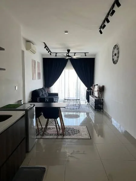 Living features: black fabric sofa, coffee table, area rug with geometric pattern, wall-mounted clock, floor-to-ceiling windows, sheer curtains, recessed LED downlights, 1 wall-mounted split AC, polished tile flooring; style: modern; view: city. Kitchen features: stainless-steel fridge, kitchen countertop, wood cabinetry, sink, stove, open shelving; style: modern.