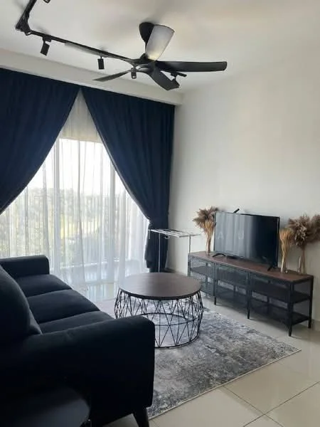 Living features: 3-seater fabric sofa in black, round coffee table with wooden top and metal base, TV console with storage, wall-mounted TV, area rug with geometric pattern, floor-to-ceiling windows, sheer curtains, blackout curtains, ceiling fan with 3 blades, decorative plants in ceramic pots; style: modern; view: garden.