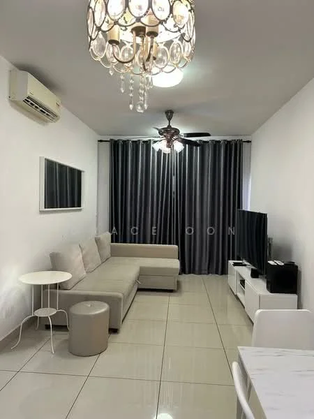 Living features: 3-seater fabric sofa in light grey, round coffee table, TV console, wall-mounted TV, chandelier, ceiling fan with light, floor-to-ceiling curtains in dark grey, white tiled flooring, wall-mounted mirror, air conditioning unit; style: modern.