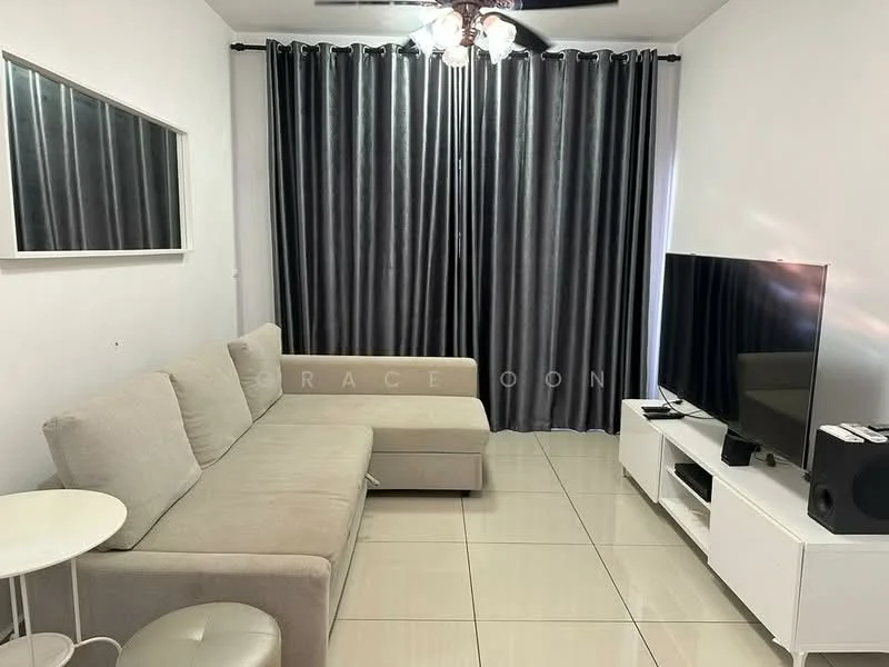 Living features: 3-seater fabric sofa in beige, sectional sofa, white TV console, wall-mounted TV, ceiling fan with light, grey curtains, mirror on wall, tile flooring, decorative wall clock; style: modern.