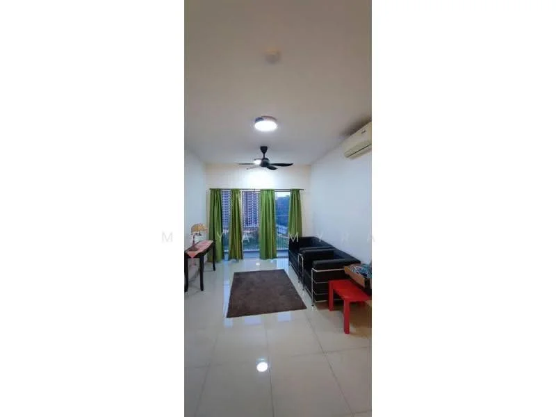 Living features: white painted walls, glossy tile flooring, 5-blade ceiling fan with light, floor-to-ceiling windows, green curtains, black sofa, red coffee table, area rug, air conditioning unit; style: modern; view: city.
