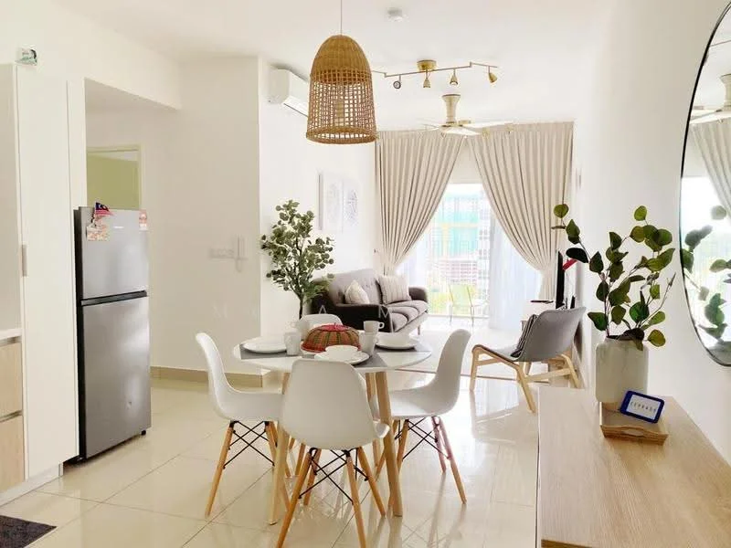 Living features: 3-seater fabric sofa in grey, round dining table, 4 white dining chairs, wooden sideboard, floor-to-ceiling windows, sheer curtains, ceiling fan with light, decorative plants in pots, wall-mounted mirror, tile flooring, light-colored walls, decorative wall art; style: modern; view: garden.