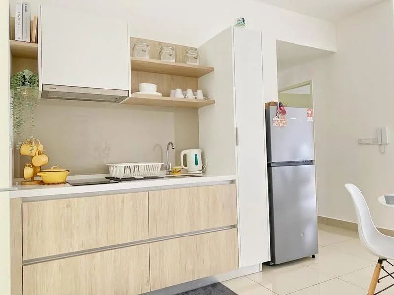 Kitchen features: white cabinets, light wood cabinetry, stainless-steel fridge, built-in oven, single-bowl stainless-steel sink, chrome pull-down faucet, white countertop, open shelving, kitchen utensils on display, yellow bowl, decorative plant, tile backsplash, ceramic tile flooring; style: modern.