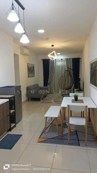 Living features: grey fabric sofa, hanging rattan chair, white dining table, 4 white dining chairs, area rug with geometric pattern, pendant lighting with three bulbs, recessed ceiling lights, floor-to-ceiling curtains in dark blue, wall-mounted artwork, cream painted walls, glossy tile flooring, air conditioning unit; style: modern.