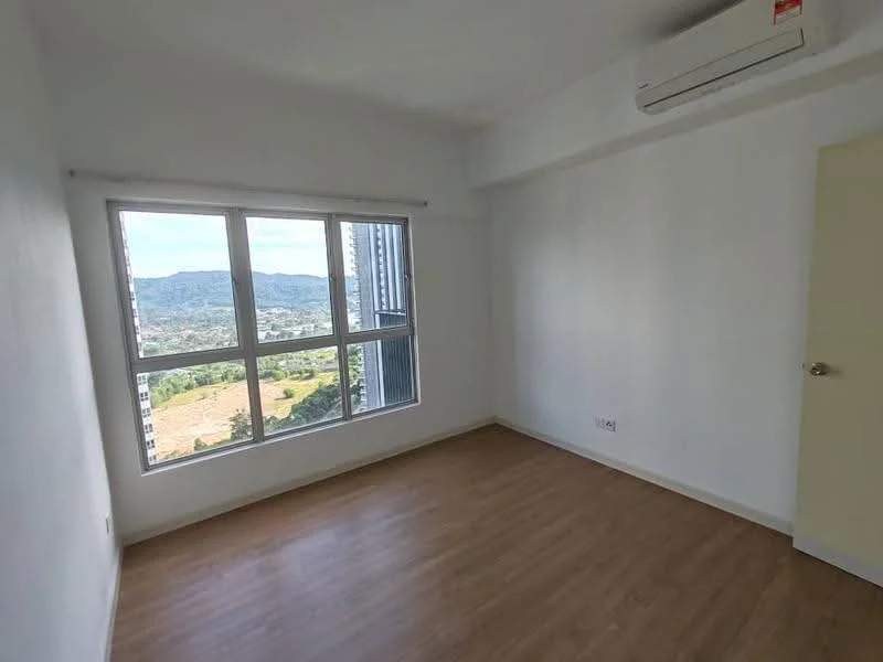 Bedroom features: white painted walls, laminate flooring, floor-to-ceiling windows, mountain view, 1 wall-mounted split AC, roller blinds, light switch, door, no visible furniture; view: mountain.