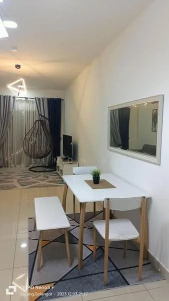 Dining features: white dining table, wooden legs on dining table, two white chairs, area rug with geometric pattern, framed mirror on wall, hanging light fixture, decorative plant on table, grey curtains, television unit, hanging chair, cream painted walls, glossy tile flooring; style: modern.