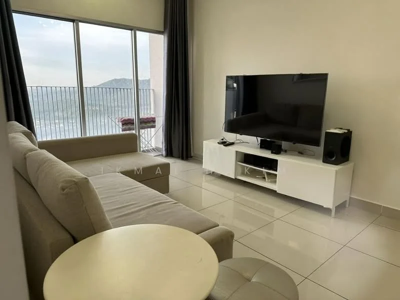 Living features: L-shape sectional sofa in light beige, white coffee table, TV console in white, wall-mounted flat-screen TV, large floor-to-ceiling windows, grey curtains, white tiled flooring, city view from windows; style: modern; view: city.