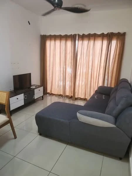 Living features: grey L-shape sectional sofa, flat-screen TV on console, white TV console with storage, cream tiled flooring, brown sheer curtains, ceiling fan, decorative wall, light-colored wall, wooden dining chair; style: modern.