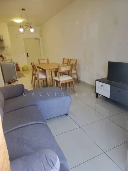 Living features: grey fabric sofa, 4-seater dining table, wooden dining chairs, flat-screen TV on console, glossy tile flooring, white painted walls, pendant lighting, open layout to kitchen, doorway leading to hallway; style: modern.