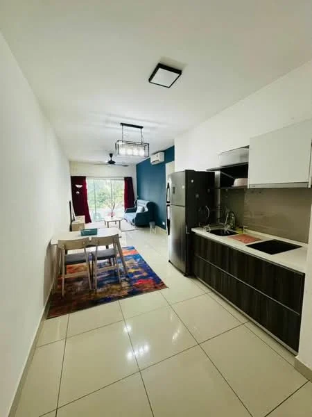 Kitchen features: white painted walls, blue accent wall, ceramic tile flooring, recessed downlights, ceiling light fixture, stainless-steel fridge, built-in kitchen cabinets in dark wood, single-bowl stainless-steel sink, chrome pull-down faucet, kitchen countertop, dining table for four, area rug with colorful pattern, floor-to-ceiling windows with sheer curtains; style: modern; view: garden.