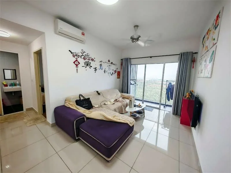 Living features: cream painted walls, white ceiling, recessed downlights, 5-blade ceiling fan with light, large sliding glass door, floor-to-ceiling windows, grey sofa with throw blanket, purple accent sofa, coffee table, decorative wall art, curtains, tile flooring; style: modern; view: city. Room features: white walls, tile flooring.