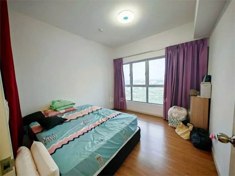 Bedroom features: queen-size bed with patterned bedding, purple curtains, floor-to-ceiling window, wooden flooring, nightstand, wall-mounted light fixture, decorative wall art, basket for storage; style: modern; view: city.