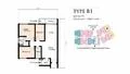 Floor plan: 2-bedroom 1-bathroom unit; features: open-plan kitchen-dining-living, master bedroom with ensuite bathroom, bedroom 2 with shared bathroom, utility room, balcony off living room, central foyer, 1 car porch.