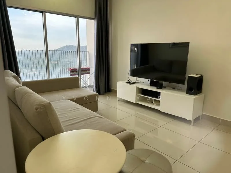 Living features: L-shape sectional sofa in beige, white TV console, wall-mounted flat-screen TV, ceramic tile flooring, floor-to-ceiling windows, grey curtains, coffee table, mountain view; style: modern; view: mountain.
