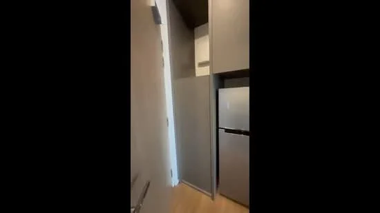 Room features: grey cabinetry, refrigerator, wooden flooring, white walls, door, corner shelving, light fixture, open space; style: modern.