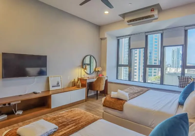 Bedroom features: 2 single beds with white bedding, wooden flooring, floor-to-ceiling windows, city skyline view, wall-mounted TV, wooden TV console, desk with chair, round mirror, 1 wall-mounted split AC, ceiling fan, decorative throw pillows, towels on beds; style: modern; view: city.