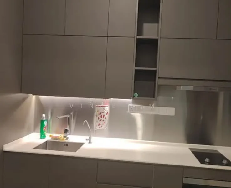 Kitchen features: grey cabinetry, stainless-steel backsplash, white countertop, single-bowl stainless-steel sink, chrome pull-down faucet, built-in induction hob, built-in oven, open shelving, under-cabinet lighting, clean lines, minimalist design; style: modern.
