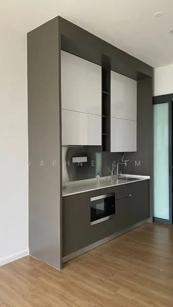 Kitchen features: grey cabinetry with upper and lower cabinets, white countertop, built-in microwave, stainless-steel sink, chrome pull-down faucet, wood laminate flooring, recessed downlights, open shelving, glass door leading to outside, minimalist design; style: modern.