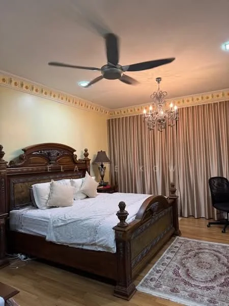 Bedroom features: king-size bed, upholstered headboard, wooden bed frame, chandelier, 5-blade ceiling fan, cream painted walls, wooden flooring, floor-to-ceiling curtains, decorative area rug, table lamp, study desk chair; style: traditional.