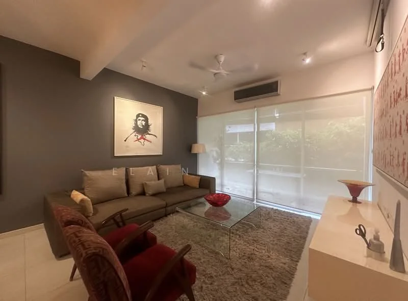 Living features: 3-seater fabric sofa in grey, 2 armchairs with patterned upholstery, glass coffee table, framed artwork on wall, wall-mounted TV, recessed downlights, ceiling fan, sliding glass door, sheer curtains, cream tiled flooring, decorative bowl on console table, decorative wall art; style: modern; view: garden.