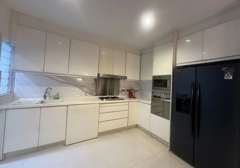 Kitchen features: white high-gloss cabinetry, marble backsplash, stainless-steel gas hob, built-in oven, black refrigerator, single-bowl stainless-steel sink, chrome pull-down faucet, white countertop, tile flooring, window with sheer curtains, microwave, kitchen island; style: modern.