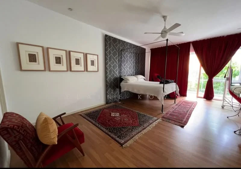 Bedroom features: queen-size bed with white bedding, 4-poster bed frame, wooden flooring, grey accent wall with geometric pattern, floor-to-ceiling windows, red curtains, area rug with traditional pattern, framed artwork on walls, ceiling fan with light, armchair in red fabric, decorative throw pillow; style: modern; view: garden.