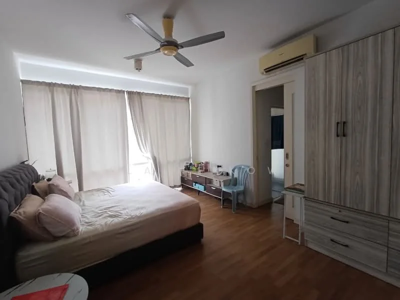 Bedroom features: queen-size bed with upholstered headboard, 2 bedside pillows, wooden flooring, floor-to-ceiling windows with sheer curtains, ceiling fan with light, built-in wardrobe with sliding doors, dressing table, chair, air conditioning unit; style: modern.