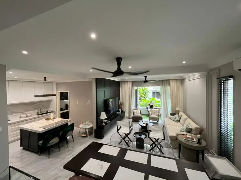 Living features: 5-blade ceiling fan with integrated LED light, sofa in light beige fabric, coffee table, TV console, wall-mounted TV, area rug, large windows with sheer curtains, decorative plants, side table, dining table with black chairs, marble flooring, recessed downlights; style: modern; view: garden. Kitchen features: white cabinetry, grey marble countertop, stainless-steel sink, built-in oven, freestanding range oven, microwave, kitchen island, bar stools; style: modern.
