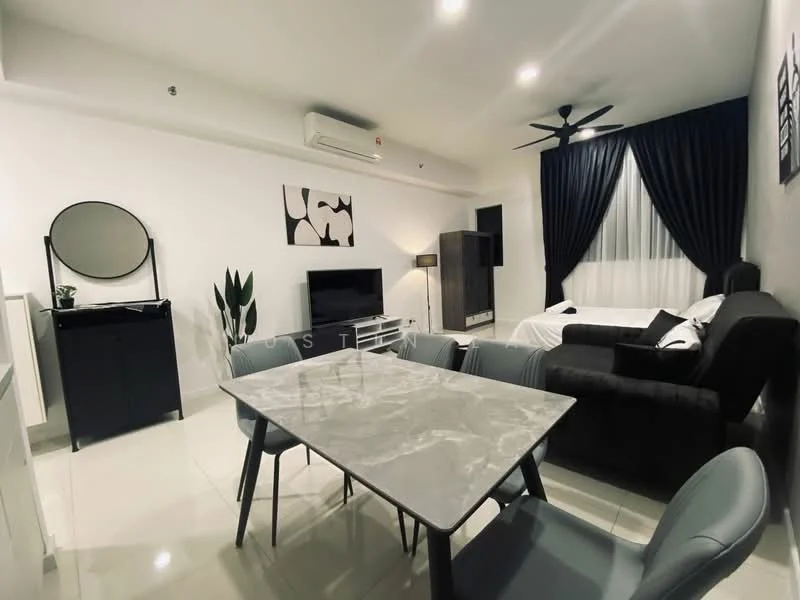 Living features: black fabric sofa, white bed with bedding, grey marble dining table, 4 grey dining chairs, wall-mounted TV, black TV console, floor-to-ceiling windows with sheer curtains, black ceiling fan, white painted walls, glossy tile flooring, decorative wall art, green potted plant, round mirror; style: modern.