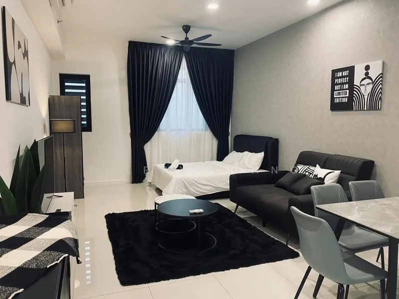 Living features: black fabric sofa, 2-seater sofa bed, round coffee table, black area rug, white walls, grey accent wall, ceiling fan with light, floor-to-ceiling window with sheer curtains, decorative wall art, TV console, plant in ceramic pot, dining table with grey chairs; style: modern.