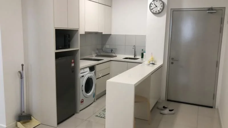 Kitchen features: white cabinetry, grey tiled backsplash, white countertop, single-bowl stainless-steel sink, chrome pull-down faucet, built-in oven, microwave, stainless-steel range hood, 4-burner gas hob, front-load washing machine, wall-mounted clock, tile flooring, open shelving, bar seating area; style: modern.