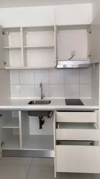 Kitchen features: white cabinetry with upper shelves, stainless-steel sink, chrome faucet, built-in stove with glass cooktop, white tiled backsplash, white countertop, drawers under countertop, open shelving, grey tile flooring; style: modern.