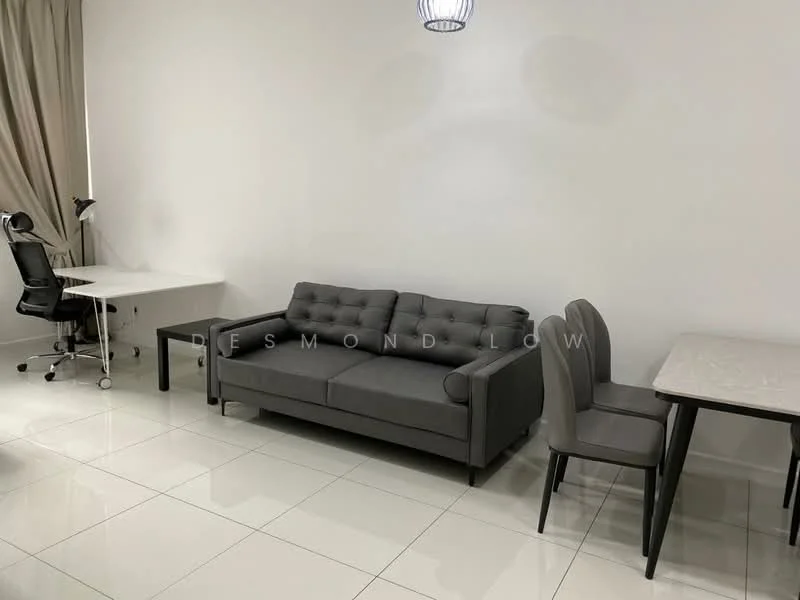 Living features: grey fabric sofa, white marble coffee table, black dining table, 4 upholstered dining chairs, white walls, white tiled flooring, desk with black legs, desk lamp, pendant light fixture; style: modern.