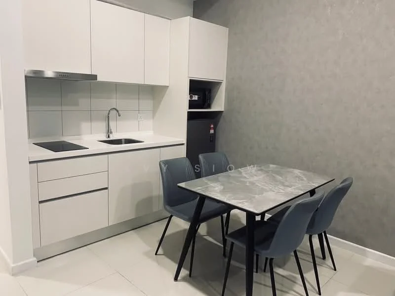 Kitchen features: white cabinetry, grey marble countertop, single-bowl stainless-steel sink, chrome pull-down faucet, built-in oven, microwave, ceramic tile flooring, white tiled backsplash, 4-seater dining table, grey upholstered dining chairs; style: modern.